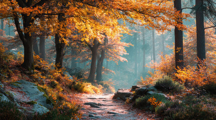 Enchanting Autumn Forest Path with Golden Leaves and Misty Sunlight, Featuring a Stone Trail Leading Through a Serene Landscape with Vibrant Fall Colors and a Tranquil Atmosphere, Perfect for Nature