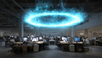 Glowing energy ring hovers over a busy office