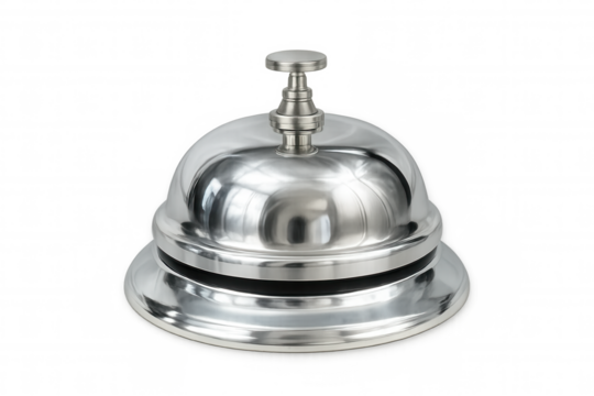 Service bell gleaming with metallic polish, resting on transparent surface, ready for hotel reception or concierge desk use