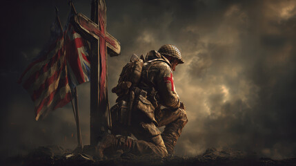 Soldier kneels solemnly beside battlefield cross with flags in background, evoking sense of honor and remembrance