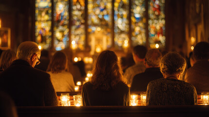 Obraz premium Congregation sits in silent prayer, illuminated by candlelight, in warm, serene church setting