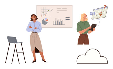 Teamwork with charts, graphs, and map interface. Woman presenting metrics, man exploring location data. Ideal for remote work, data analysis, business planning, education digital tools strategy