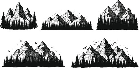 Obraz premium Collection of five detailed black and white mountain range illustrations with pine trees