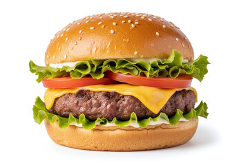 Close up of a sesame seed bun burger with meat cheese lettuce and tomato on a white background