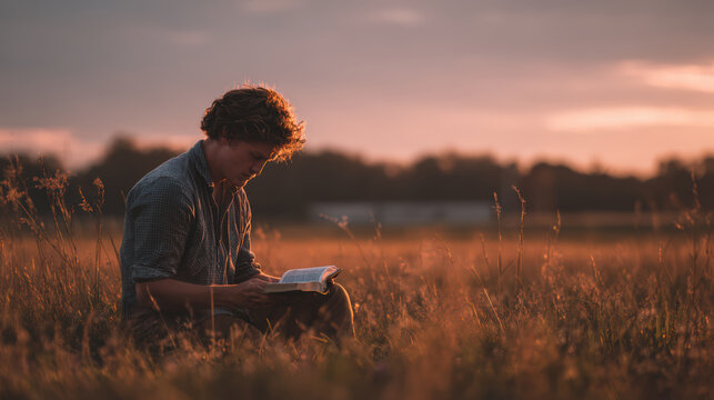 Young man kneels in field at sunrise, reading open book, surrounded by tall grass and serene atmosphere