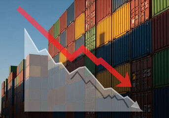 A downward trending graph overlaid on a stack of colorful shipping containers on a sunny day