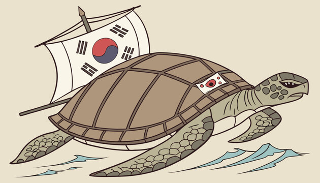 Turtle Ship Painting, Vector Illustration. Admiral Yi Sun-shin was best known for building a turtle shaped ship and for winning many battles against the Japanese       