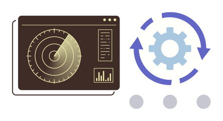Radar panel scanning data alongside a rotating gear with arrows. Ideal for monitoring, analytics, process tracking, automation, innovation, workflow, technical efficiency. A simple flat metaphor
