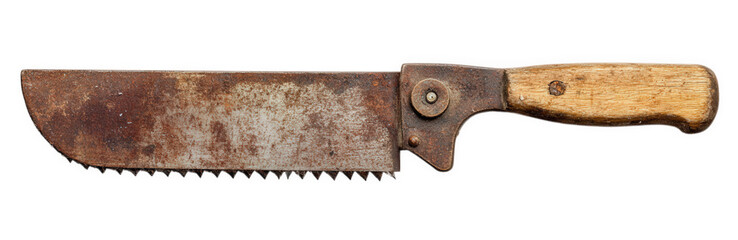 Rusty old saw knife with a wooden handle isolated on transparent background