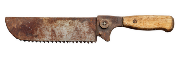 Rusty old saw knife with a wooden handle isolated on transparent background