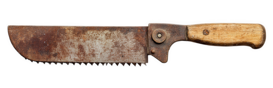 Rusty old saw knife with a wooden handle isolated on transparent background