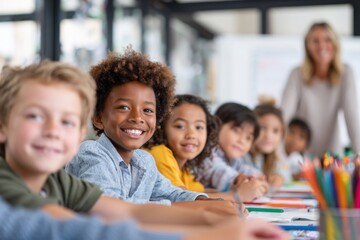 diverse elementary school students of different ethnicities sitting in a bright, modern classroom with school supplies, engaging with a smiling teacher at whiteboard. teamwork, and hands-on learning.