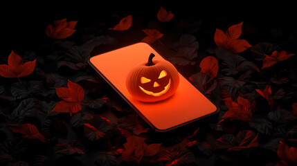 Jack O Lantern pumpkin eyes and mouth on black mobile screen display - Halloween Concept