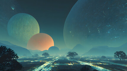 A fantastic alien frontier with surreal symmetry, where colossal crystalline forests rise from black volcanic plains. The sky is alive with fractured auroras in impossible hues, bending across twin