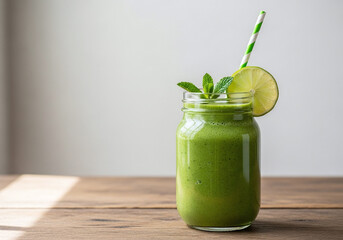 A vibrant green smoothie in a glass jar with a lime wedge and striped straw on a wooden surface