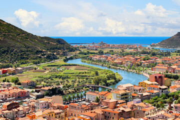 The village of Bosa, Sardinia. Panorama of the city of Bosa with the mouth of the river Temo on the...