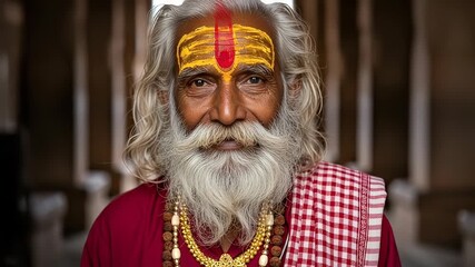 Portrait of a Hindu Holy Man with White Beard and Traditional Tilak in Red Robe Against a Beige Stone Background Featuring Gold Necklace - Powered by Adobe
