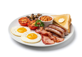 A full english breakfast on a white plate with eggs, bacon, sausage, and toast on a white background