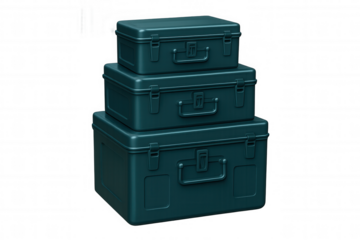 Metal storage cases stacked securely, showing durable design with latches and handles against clean transparent backdrop