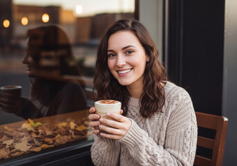 Smiling woman in sweater holding latte with cinnamon in cafe with reflection visible behind her