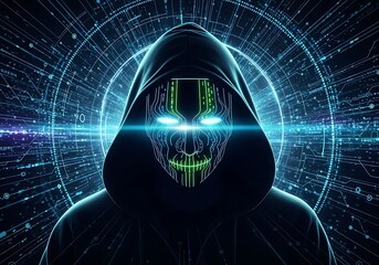 Futuristic hacker in dark hoodie