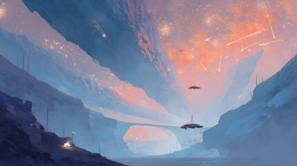 A futuristic outpost rests on the edge of an alien canyon, overlooking vast plains of pulsating energy fields. Surreal rock formations twist impossibly into spirals, defying gravity. Above, a sky