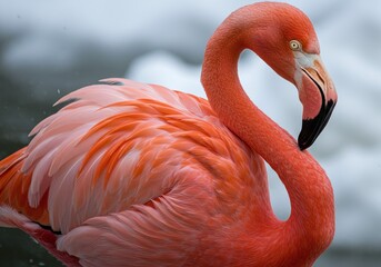 Vibrant Flamingo Beauty A Close-up of a Pink Flamingo Preening Its Feathers, Showcasing Grace and Elegance in Nature's Splendor