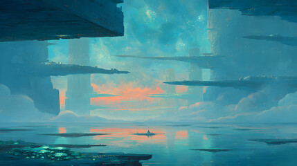 A cosmic frontier of surreal proportions unfolds with colossal alien structures rising from seas of liquid mercury. The skies swirl with turquoise and crimson clouds illuminated by distant galaxies.