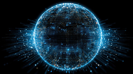 Obraz premium Abstract Digital Earth Globe with Glowing Particles and Data Streams on Black Background, Futuristic Technology Concept, Global Network Connection, Artificial Intelligence and Big Data Visualization