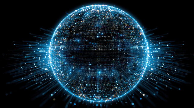 Abstract Digital Earth Globe with Glowing Particles and Data Streams on Black Background, Futuristic Technology Concept, Global Network Connection, Artificial Intelligence and Big Data Visualization