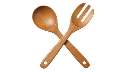 Wooden salad servers spoon and fork set kitchen utensils serving tools for cooking and eating healthy food on transparent background