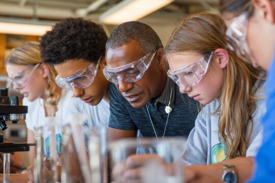 Students working in small groups on a hands on science experiment, wearing safety goggles, using lab equipment like beakers and microscopes. teacher guiding and observing at a lab.