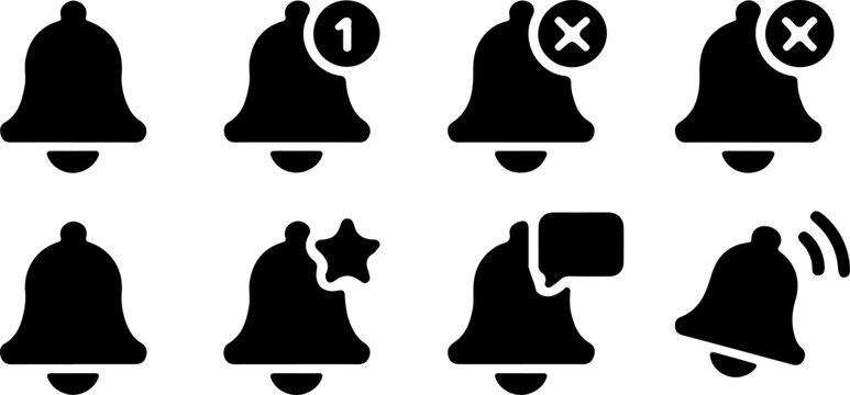 Collection of eight black notification bell icons with different indicators on a white background
