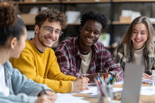 Multicultural diverse college students sitting at a table with papers, laptops, school supplies, working on group assignment. Smiling, talking, writing documents. Active collaboration, teamwork theme