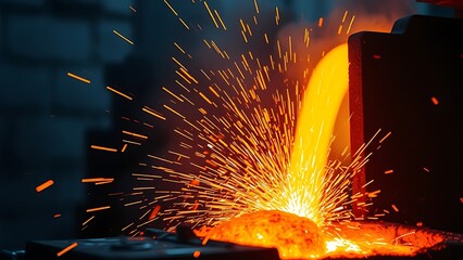 Glowing molten metal with sparks, showcasing industrial power and dynamic energy.