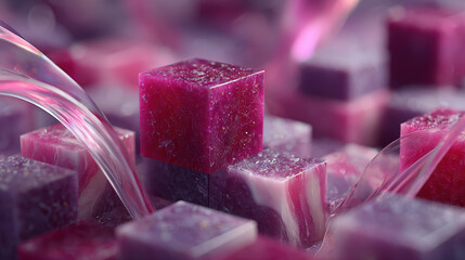 Abstract Pink and Purple Cubes with Fluid Shapes, Modern Geometric Design, Dreamy and Ethereal, Contemporary Art, Soft Pastel Colors, Minimalist Composition, Textured Surfaces, Playful and Whimsical,