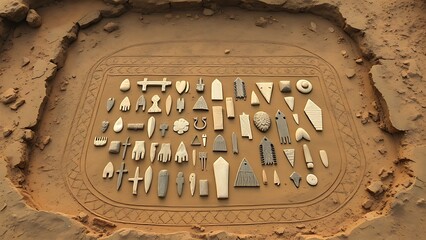 Neolithic tools arranged in geometric patterns on excavated earth layers.