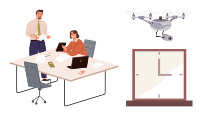 Two professionals discussing reports at a desk with laptops and papers, a drone representing innovation, and a clock emphasizing time. Ideal for teamwork, technology, productivity, innovation