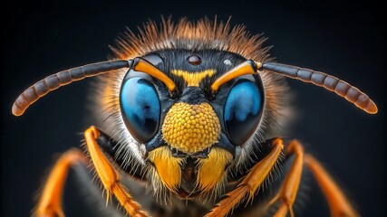 Close up of a wasp face with large blue eyes and yellow markings