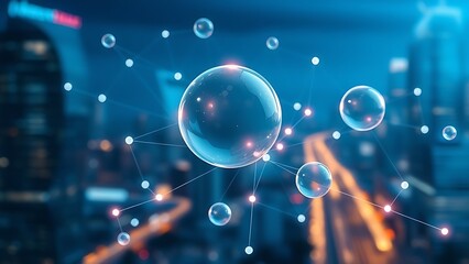 Floating translucent spheres connected by glowing lines, symbolizing global business networks.