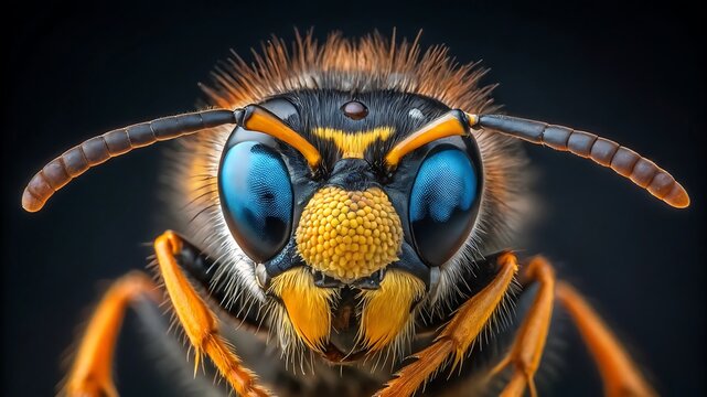 Close up of a wasp face with large blue eyes and yellow markings