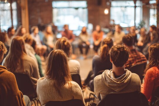 Town hall meeting citizens engaging in discussions, highlighting the democratic process of dialogue and community involvement. Open inviting space, people sitting with their backs towards the camera.