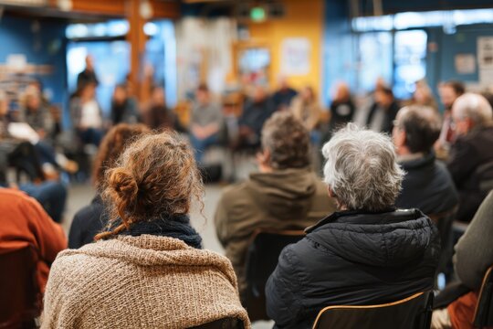 town hall meeting with citizens engaging in discussions democratic process of dialogue. community involvement, open and inviting space, people sitting with their backs towards camera, no faces seen