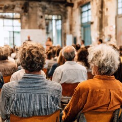 public forum or town hall meeting with citizens engaging in discussions, highlighting the democratic process of dialogue and community involvement, set in an open and inviting space general view.