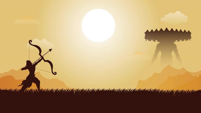 Happy Dussehra Ram Bow Ravan Dahan Celebration: A graphic design illustration, featuring a traditional bow and arrow, with ram or ravan and the text Happy Dussehra Celebration, 	