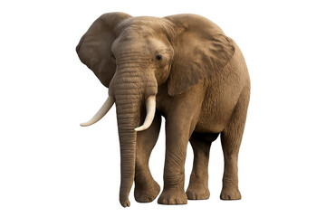 High-resolution photo of an African elephant standing facing forward with long trunk and large ears, isolated on transparent background PNG