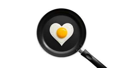 Heart shaped egg in frying pan breakfast food cooking love valentines day romantic kitchen concept on transparent background