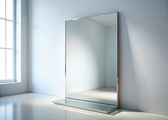 Floating wall mirror with reflective glass surface against pristine white backdrop