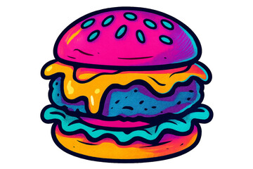 Vibrant neon cartoon cheeseburger with sesame seed bun, lettuce and cheese isolated on transparent background PNG for fast food and diner themes