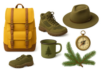 Colorful cartoon vector illustration of camping gear including backpack, hiking boots, wide-brimmed hat, mug, rope, compass, and green pine tree branches, isolated on transparent background PNG